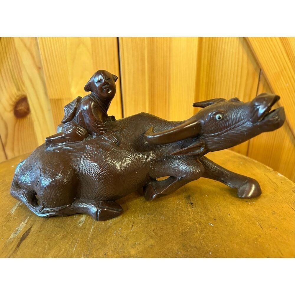 Vintage Chinese Carved Wood Sculpture Of Boy Riding Water Buffalo Ox (8132)